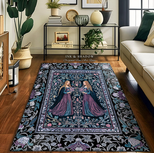 May include: A rectangular black rug with a floral border and a central design featuring two women in long gowns. The rug has a detailed pattern with shades of blue, purple, and pink, with the text "INK & SHADOW Original Fine Art Rugs".