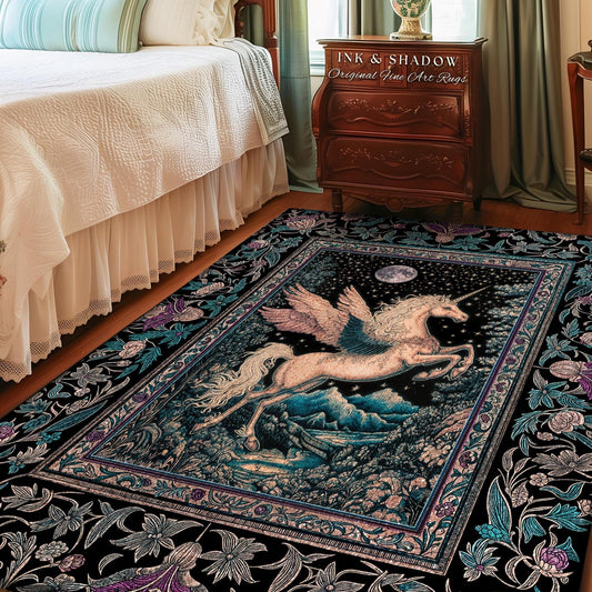 May include: A rectangular rug featuring a winged unicorn against a night sky backdrop with a full moon. The rug has a black border with floral patterns and the text "INK & SHADOW Original Fine Art Rugs".