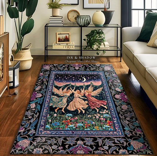 May include: A rectangular area rug with a floral border and a central image of three winged figures dancing under a starry sky and crescent moon. The rug has a black background with the text "INK & SHADOW Original Fine Art Rugs".