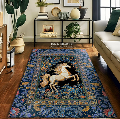May include: A rectangular rug with a black center featuring a white unicorn. The rug is framed by a floral border in shades of blue, orange, and green. The text "INK & SHADOW Original Fine Art Rugs" is visible.