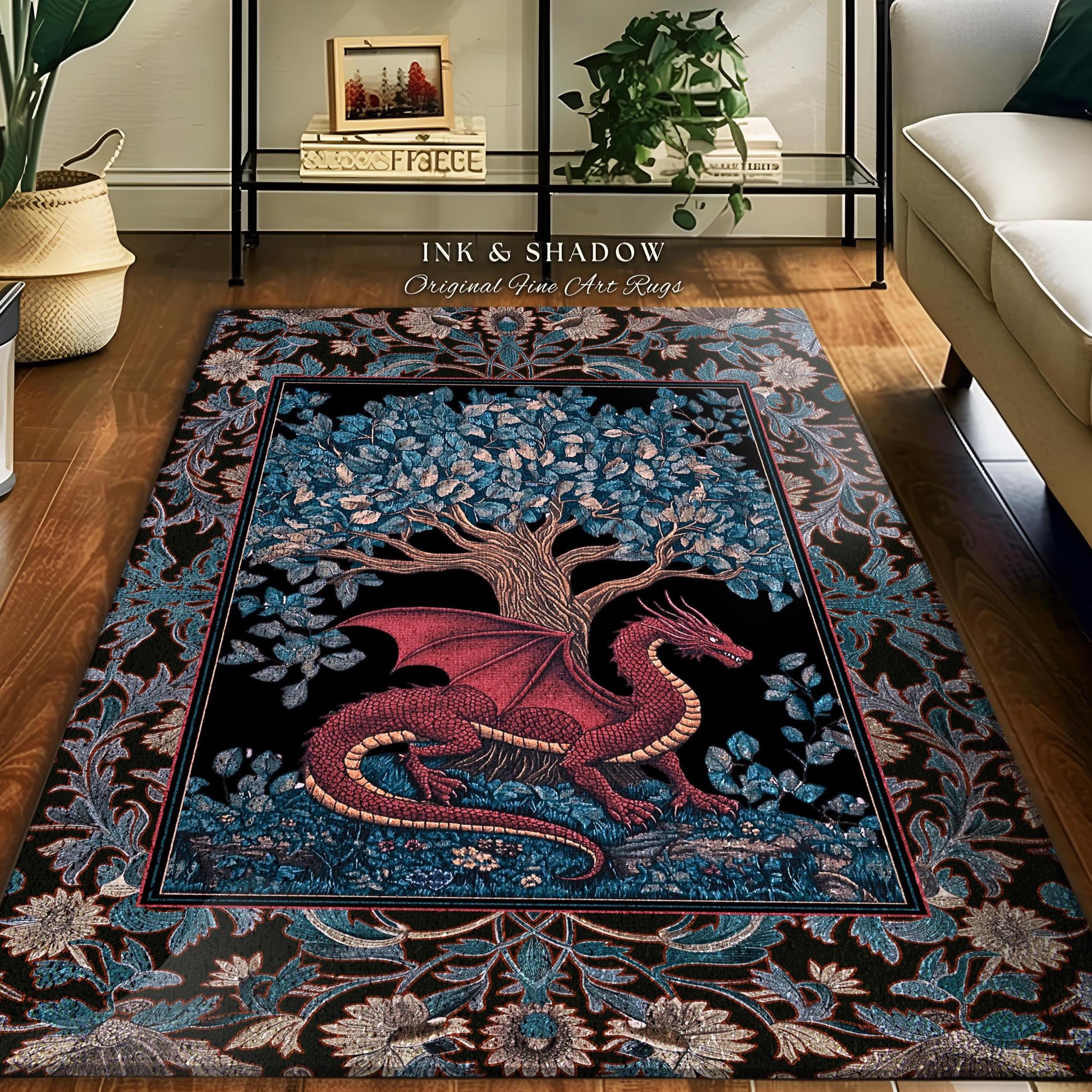 May include: A rectangular rug with a dragon design. The rug features a red dragon with outstretched wings beneath a tree with blue leaves. The border has a floral pattern. The text "INK & SHADOW Original Fine Art Rugs" is visible.