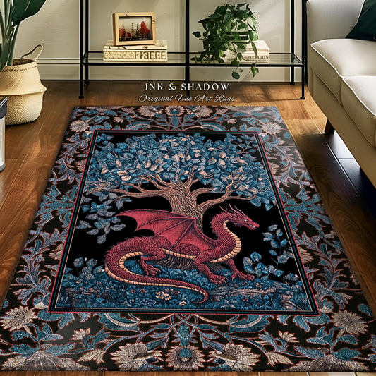 May include: A rectangular rug with a dragon design. The rug features a red dragon with outstretched wings beneath a tree with blue leaves. The border has a floral pattern. The text "INK & SHADOW Original Fine Art Rugs" is visible.