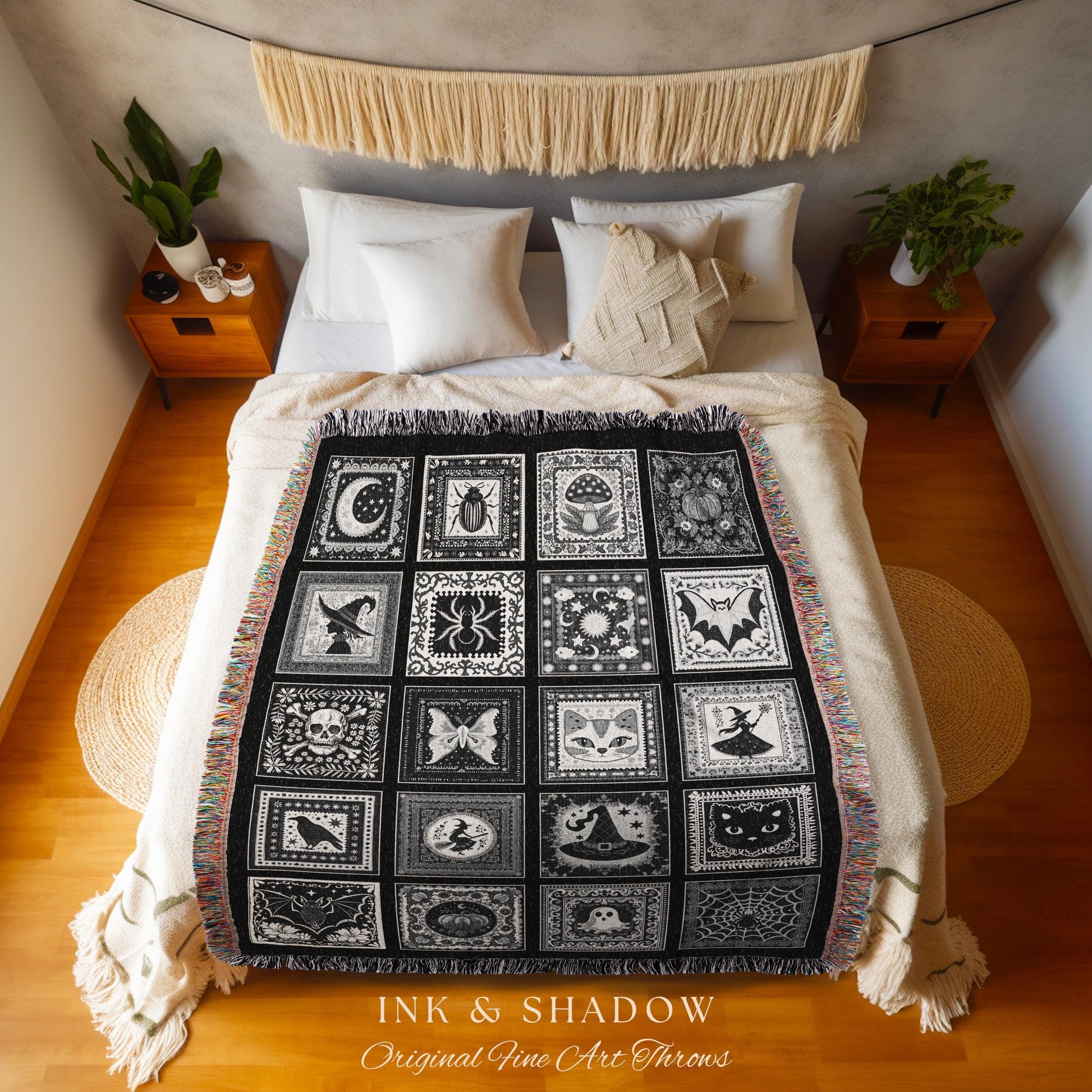 Macabre Witchy Woodland Gothic Woven Throw | Cozy Halloween Checkered Patchwork Tapestry Blanket Spooky Greyscale Mystical Witchcore Decor