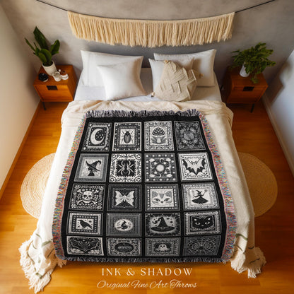 Macabre Witchy Woodland Gothic Woven Throw | Cozy Halloween Checkered Patchwork Tapestry Blanket Spooky Greyscale Mystical Witchcore Decor