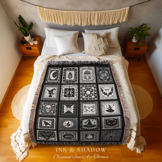 Macabre Witchy Woodland Gothic Woven Throw | Cozy Halloween Checkered Patchwork Tapestry Blanket Spooky Greyscale Mystical Witchcore Decor
