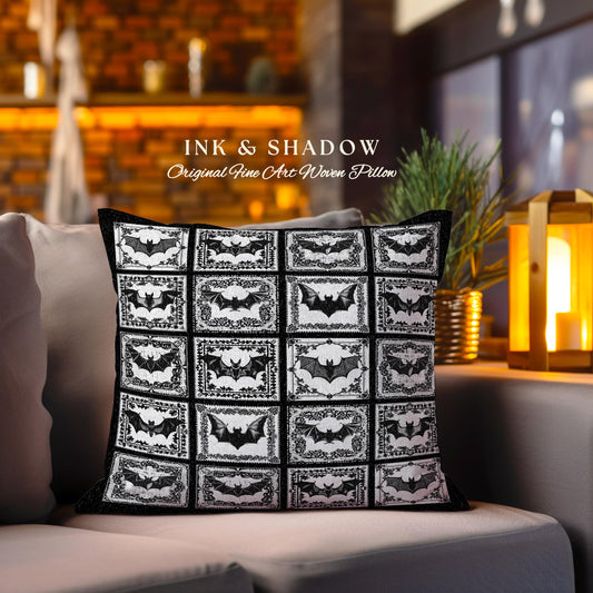May include: Black and white woven pillow with a repeating bat design. The pillow has a black border and features the text "INK & SHADOW Original Fine Art Woven Pillow". The bat illustrations are framed in decorative borders.