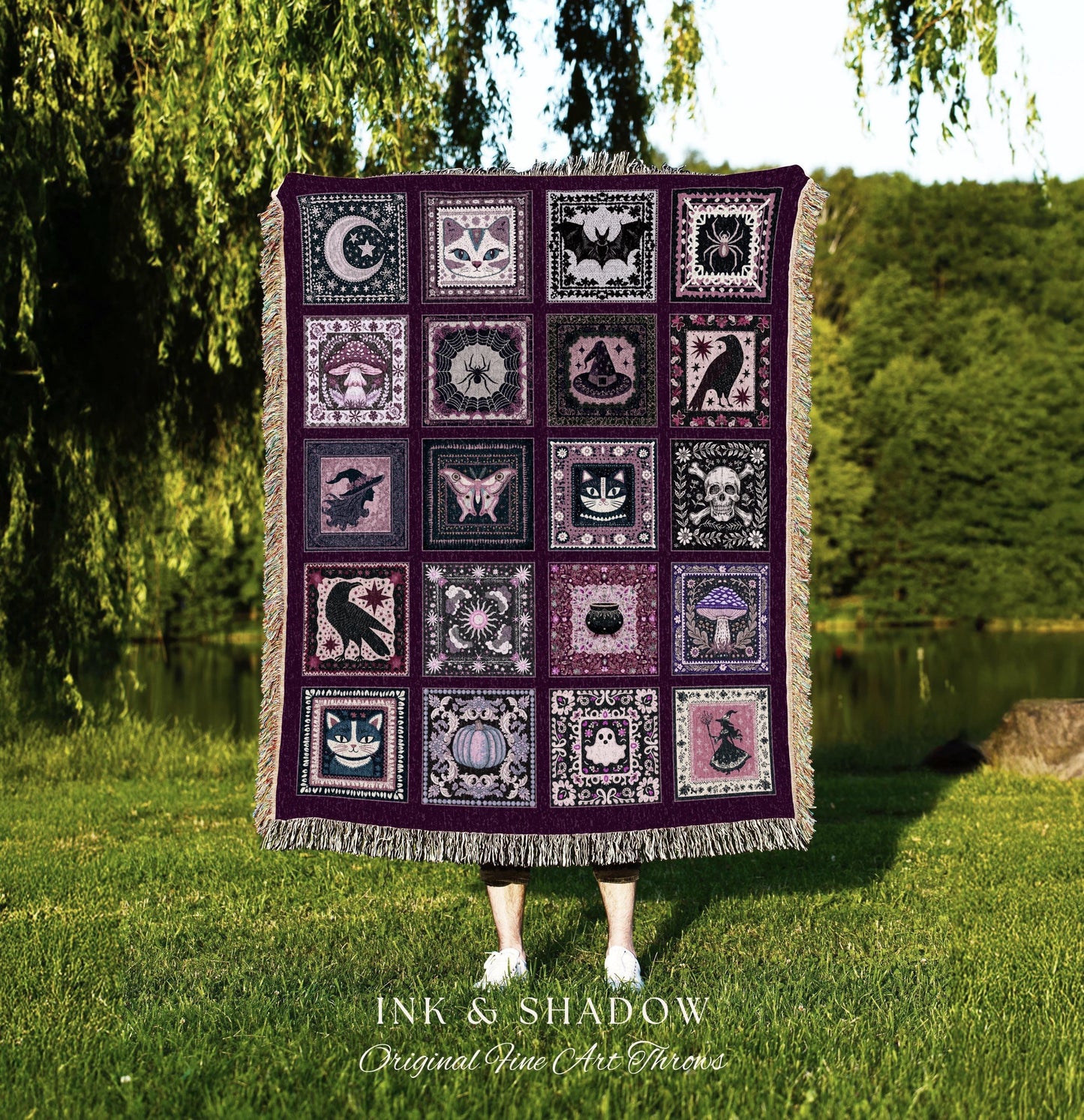 Autumnal Whimsy Purple Throw Blanket | Cozy Gothic Witchcore Decor Dark Academia Accent Halloween Tapestry Gift for Cute Bedroom Style Retro