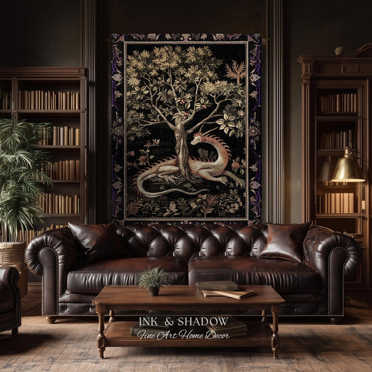 May include: A rectangular wall tapestry featuring a central illustration of a dragon resting beneath a large tree with detailed foliage. The artwork is set against a dark background with a decorative border and is displayed on a wall.