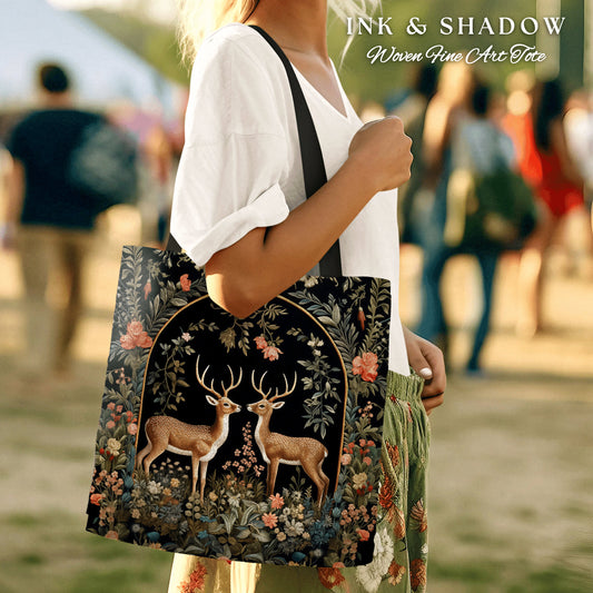 May include: A black tote bag with a floral design and two deer in a forest scene. The bag has the text "INK & SHADOW Woven Fine Art Tote" printed on it.