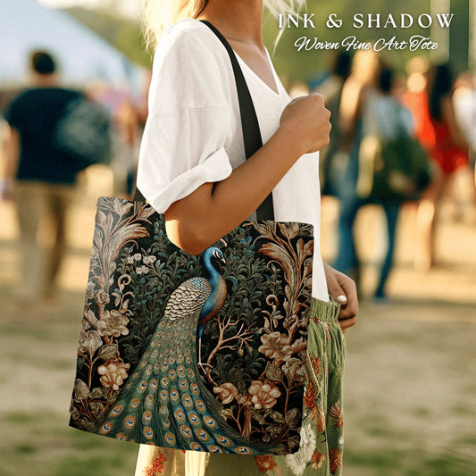 May include: A tote bag with a peacock design. The peacock is green, blue, and gold, and is surrounded by flowers and leaves. The bag is made of woven fabric and has a black strap.