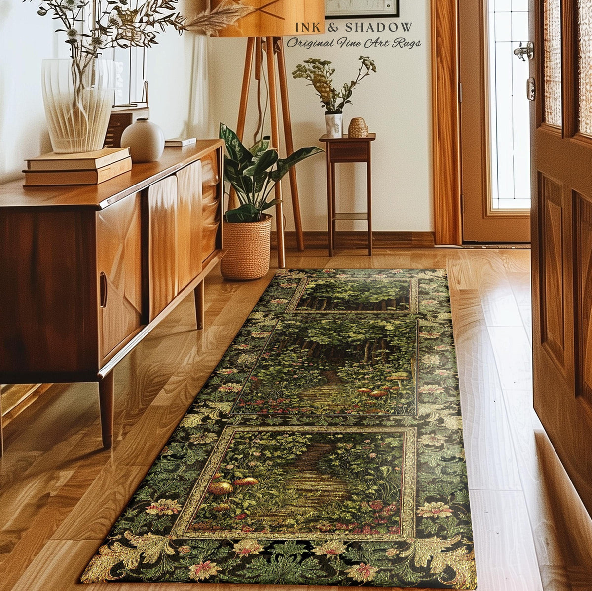 May include: A rectangular area rug with a forest scene design. The rug features a pathway through a lush green forest with flowers and mushrooms. The rug has a dark background with a decorative border. The text "INK & SHADOW Original Fine Art Rugs" is visible.