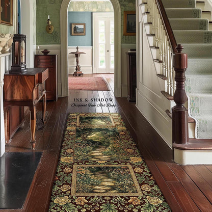 May include: A long rectangular runner rug featuring a dark brown border with yellow and green floral patterns. The center panels display a detailed forest path scene with trees and stone walkways. The text INK & SHADOW Original Fine Art Rugs is visible.