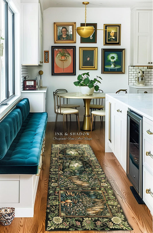May include: A kitchen scene featuring a long, rectangular rug with a forest path design. The rug is placed on a hardwood floor. The room has a teal bench, a round table, and framed artwork on the wall. The text "INK & SHADOW Original Fine Art Rugs" is visible.