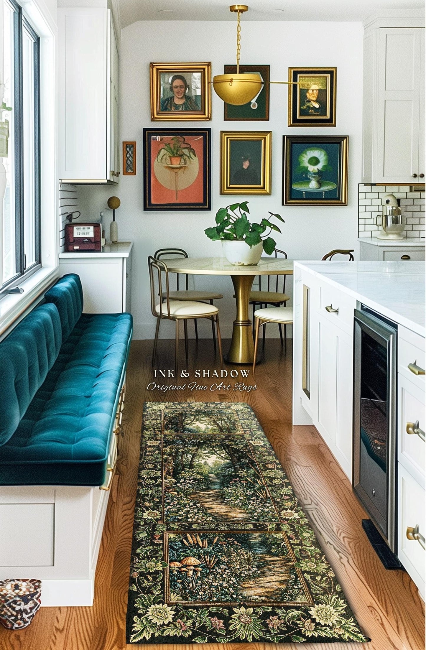 May include: A kitchen scene featuring a long, rectangular rug with a forest path design. The rug is placed on a hardwood floor. The room has a teal bench, a round table, and framed artwork on the wall. The text "INK & SHADOW Original Fine Art Rugs" is visible.
