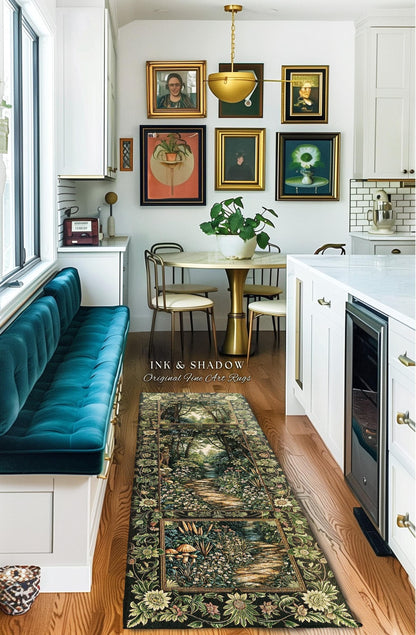 May include: A kitchen scene featuring a long, rectangular rug with a forest path design. The rug is placed on a hardwood floor. The room has a teal bench, a round table, and framed artwork on the wall. The text "INK & SHADOW Original Fine Art Rugs" is visible.