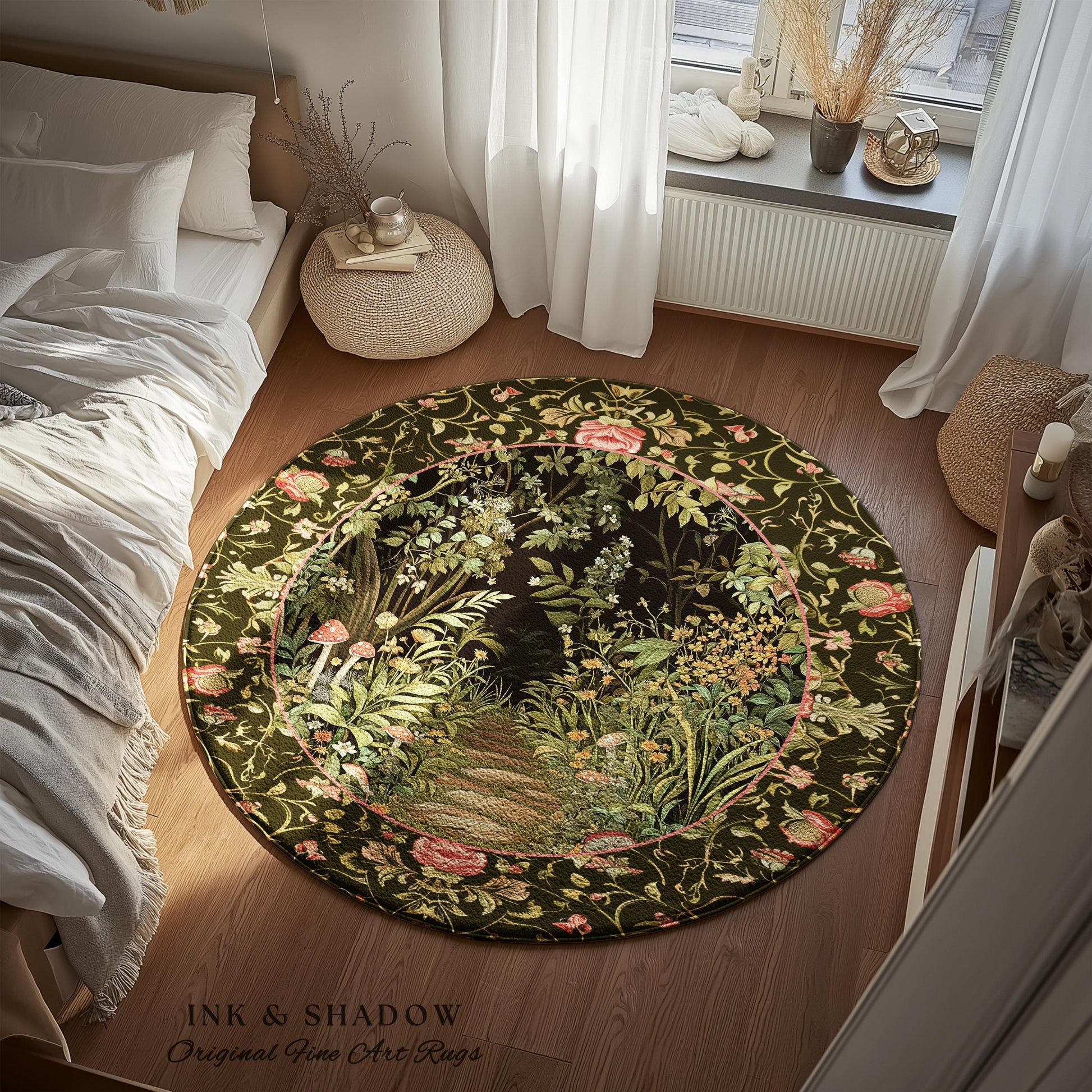 May include: A round area rug with a dark green background and a floral design. The rug features a central image of a path through a garden with mushrooms and flowers. The text "INK & SHADOW Original Fine Art Rugs" is at the bottom.