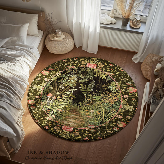 May include: A round area rug with a dark green background and a floral design. The rug features a central image of a path through a garden with mushrooms and flowers. The text "INK & SHADOW Original Fine Art Rugs" is at the bottom.
