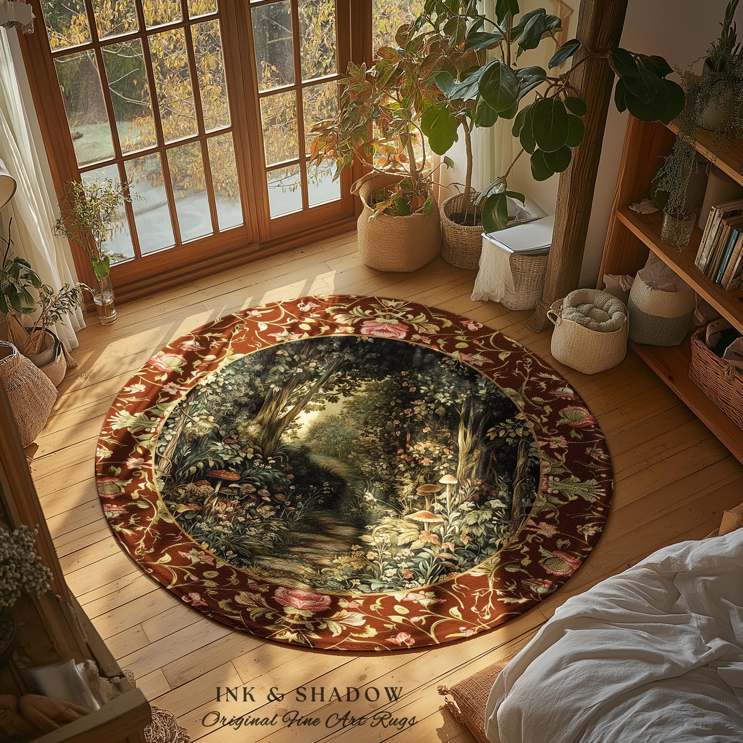 May include: A round rug with a forest scene in the center, surrounded by a floral border. The rug features a pathway through a lush forest with trees and mushrooms. The text "INK & SHADOW Original Fine Art Rugs" is at the bottom.