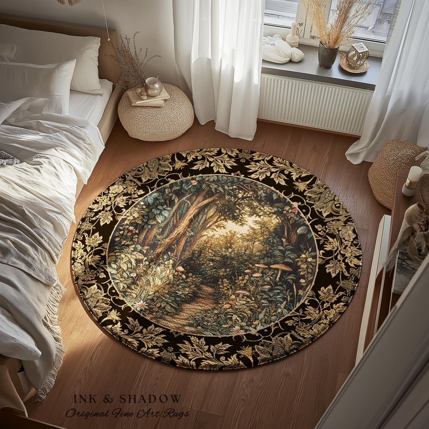 Mushroom Forest Magical Woodland Round Rug | Ethereal Mystic Academia Folklore Inspired Fairy Core Aesthetic Home Accent Rug Magical Whimsy