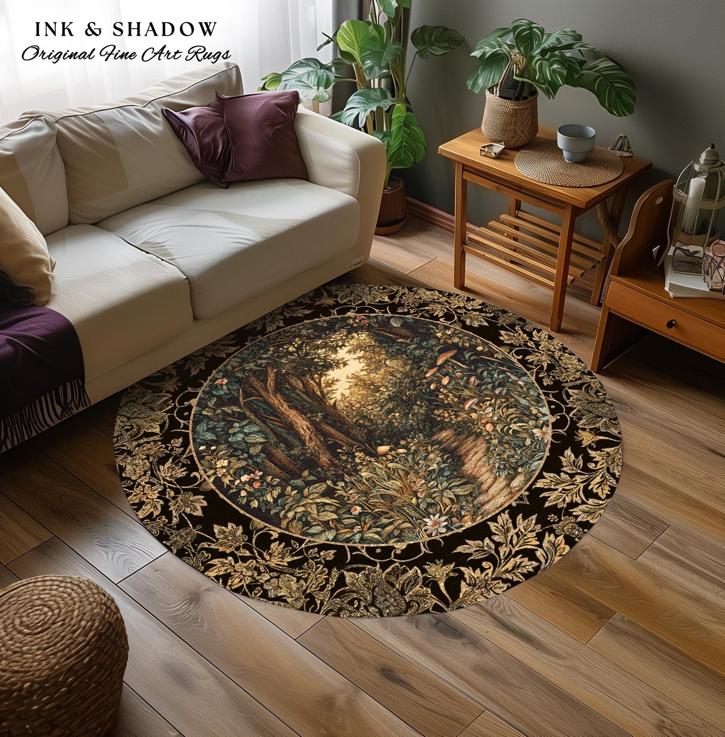 Mushroom Forest Magical Woodland Round Rug | Ethereal Mystic Academia Folklore Inspired Fairy Core Aesthetic Home Accent Rug Magical Whimsy