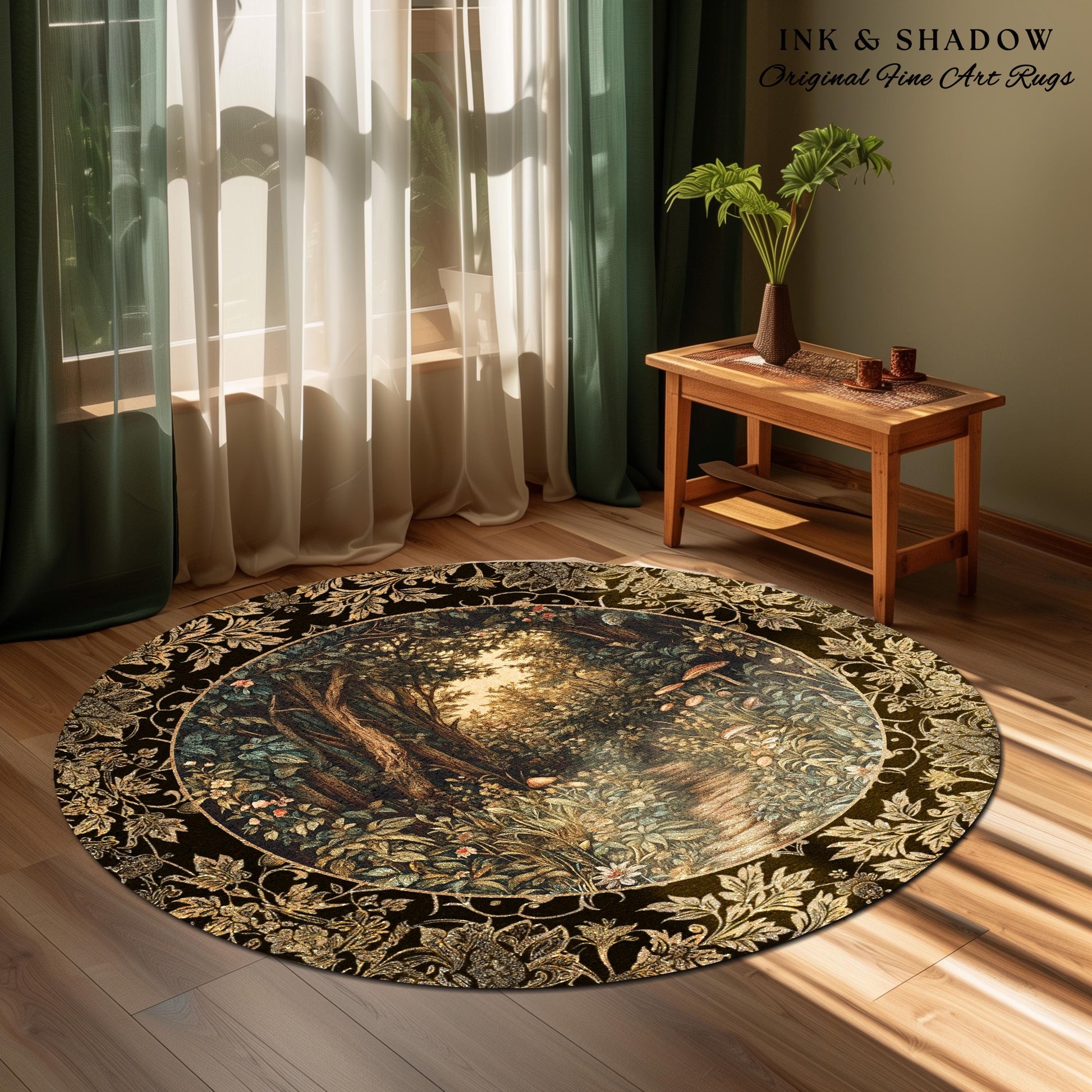 Mushroom Forest Magical Woodland Round Rug | Ethereal Mystic Academia Folklore Inspired Fairy Core Aesthetic Home Accent Rug Magical Whimsy