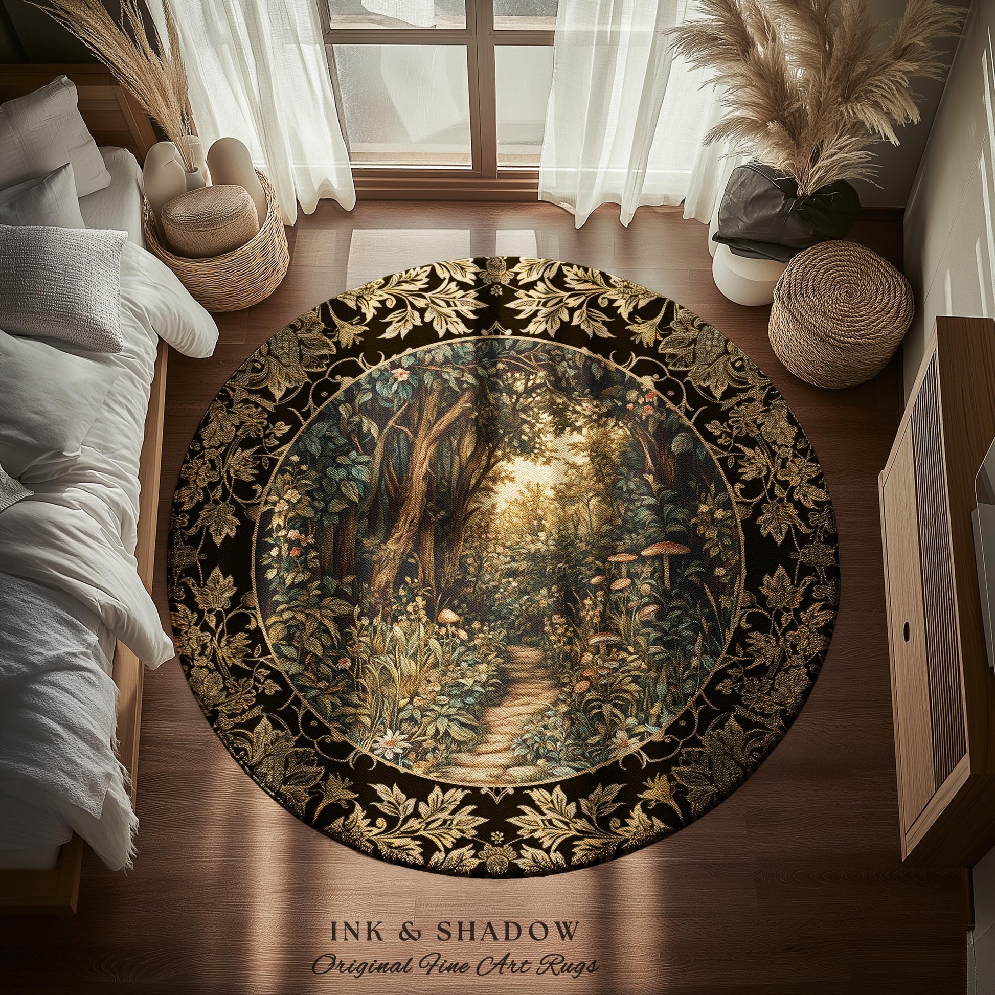 Mushroom Forest Magical Woodland Round Rug | Ethereal Mystic Academia Folklore Inspired Fairy Core Aesthetic Home Accent Rug Magical Whimsy