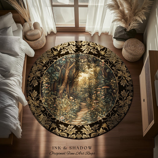 Mushroom Forest Magical Woodland Round Rug | Ethereal Mystic Academia Folklore Inspired Fairy Core Aesthetic Home Accent Rug Magical Whimsy