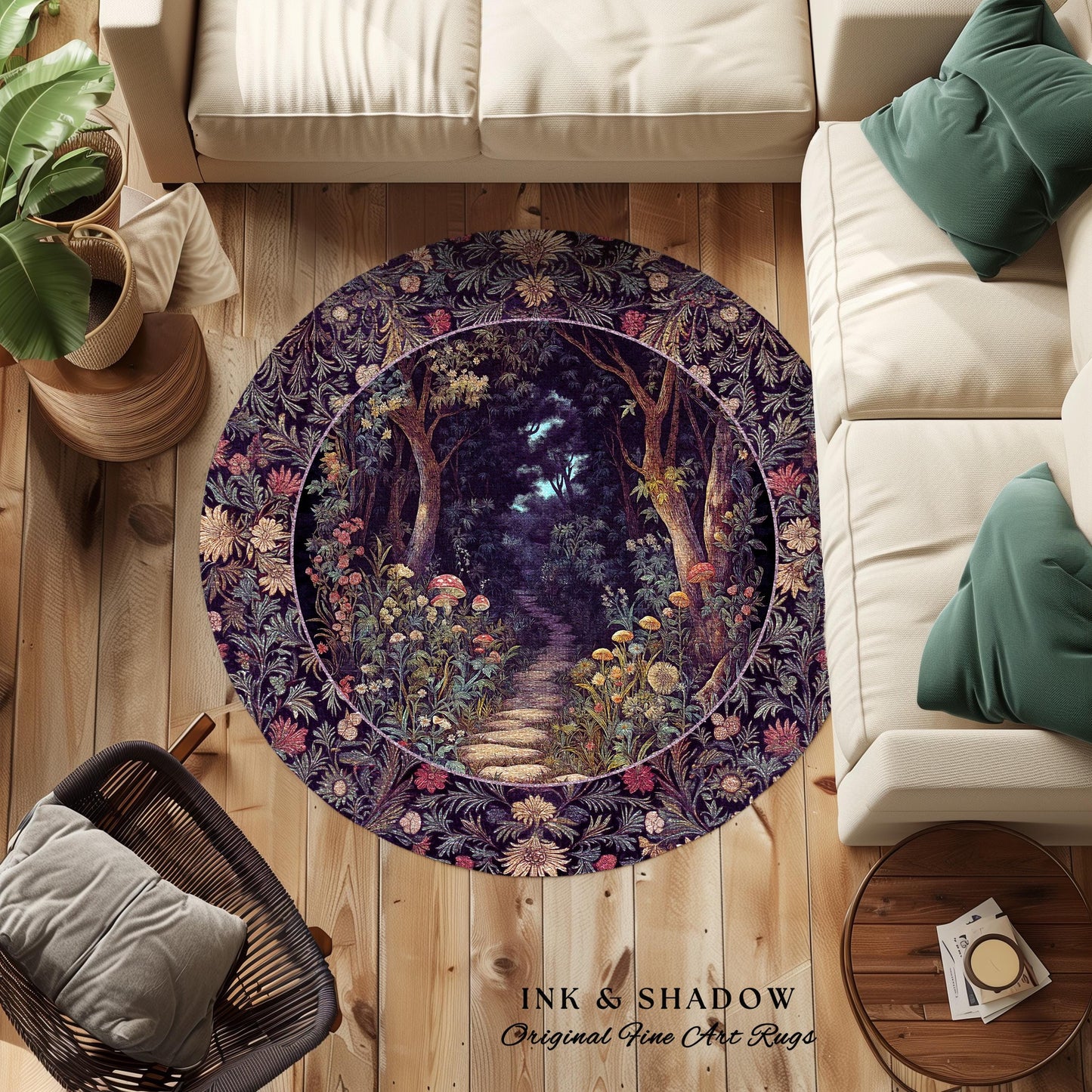Magical Woodland Mushroom Round Rug | Fairytale Theme Woodland Botanical Aesthetic Whimsical Home Decor Bedroom Housewarming Gift Purple |