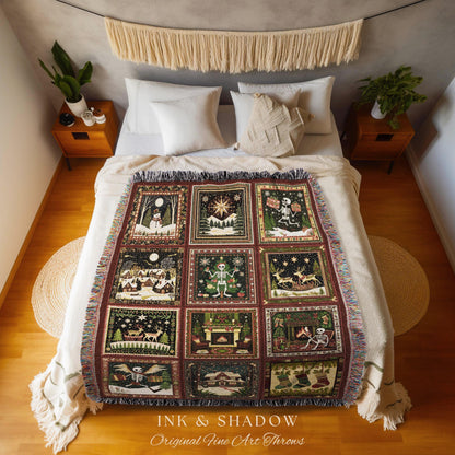 Spooky Christmas Skeleton Throw Blanket | Cute Holiday Woven Tapestry Boho Festive Aesthetic Whimsical Xmas Present Witchy Winter Theme |