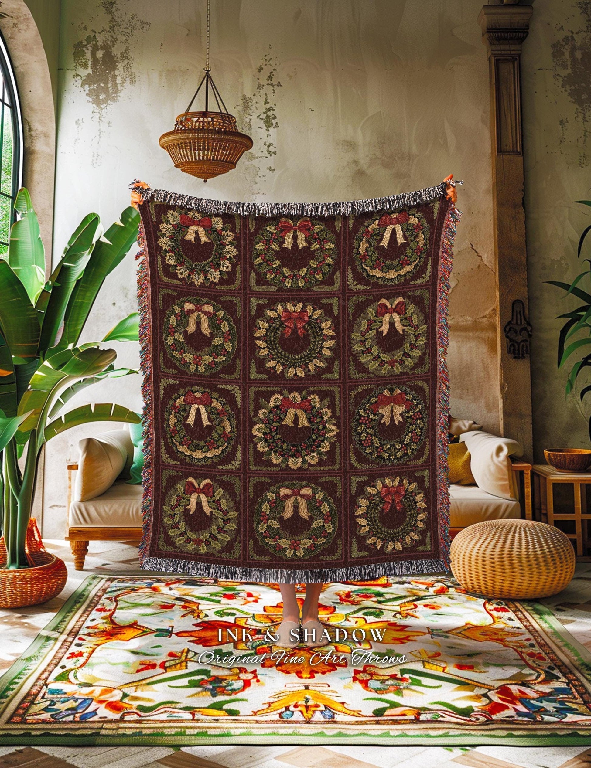 Ornate Baroque Burgundy Berry Wreath Tapestry Throw Antique Inspired Home Decor | Elegant Festive Cozy Dark Academia Blanket Christmas Gift