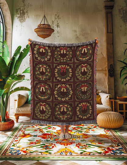 Ornate Baroque Burgundy Berry Wreath Tapestry Throw Antique Inspired Home Decor | Elegant Festive Cozy Dark Academia Blanket Christmas Gift
