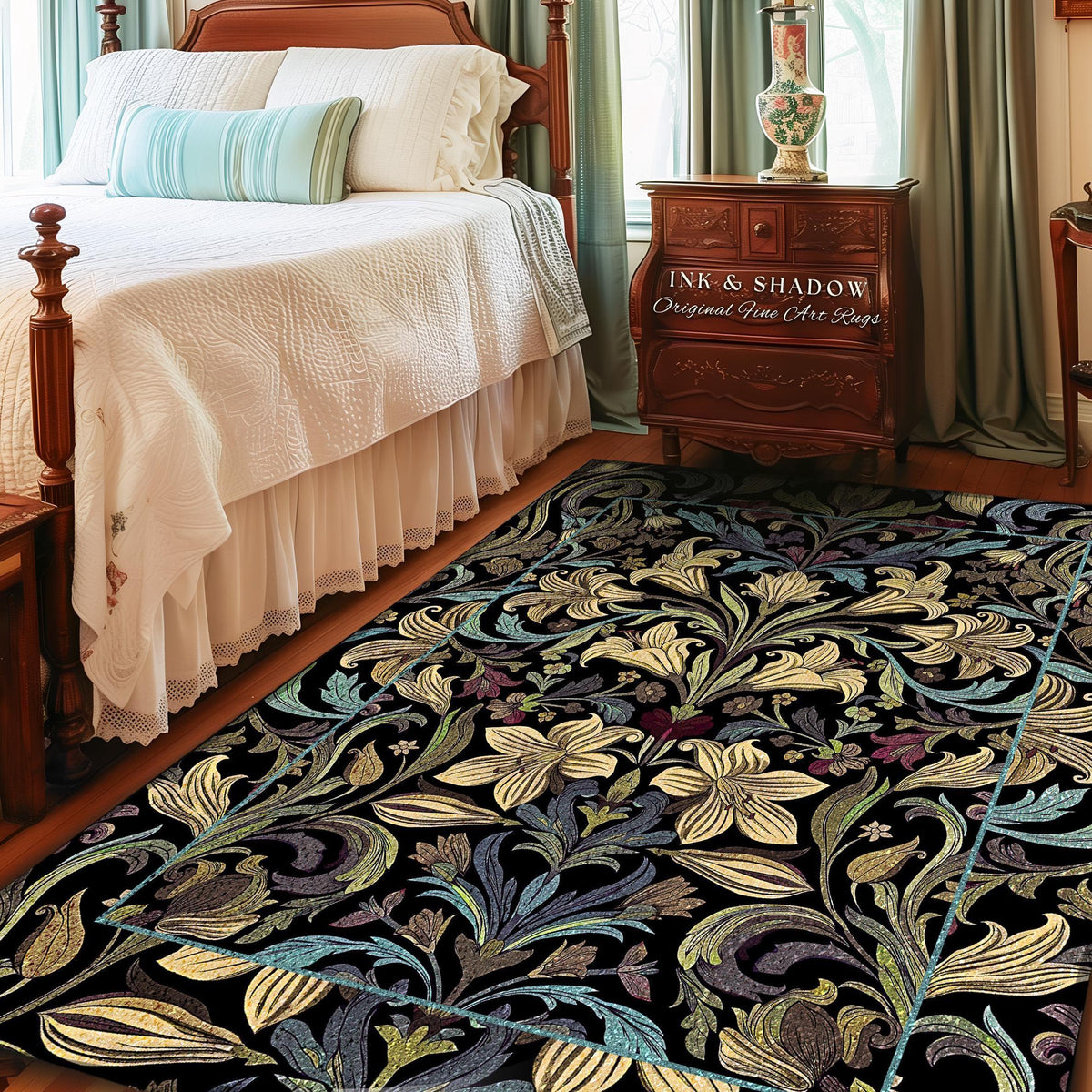 May include: A rectangular area rug with a floral pattern in shades of cream, blue, green, and purple on a black background. The rug is in a bedroom setting, with a bed and nightstand visible. The text "INK & SHADOW Original Fine Art Rugs" is visible.