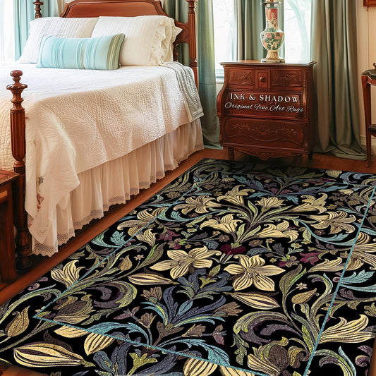 May include: A rectangular area rug with a floral pattern in shades of cream, blue, green, and purple on a black background. The rug is in a bedroom setting, with a bed and nightstand visible. The text "INK & SHADOW Original Fine Art Rugs" is visible.