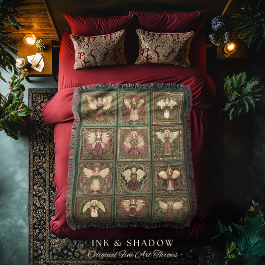 May include: A decorative throw blanket with a repeating pattern of angels in a grid. The blanket features a green border and fringe, with a color palette of red, green, and cream. The text "INK & SHADOW Original Fine Art Throws" is visible at the bottom.