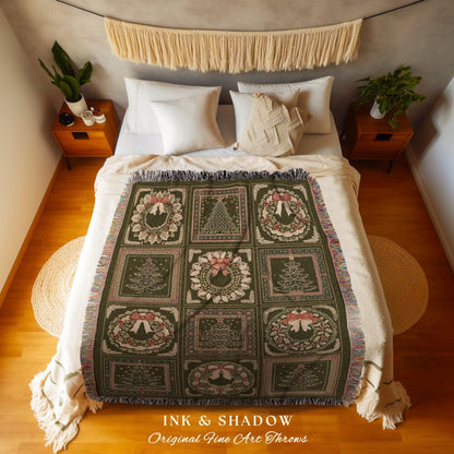 French Country Christmas Tree & Wreath Checkered Throw Rustic Holiday Decor | Farmhouse Vintage Inspired Cozy Green Woven Tapestry Blanket