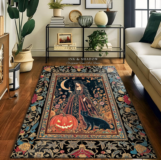 May include: A rectangular area rug with a dark background and a central image of a woman, a crescent moon, a jack-o'-lantern, and a black cat. The rug has a floral border and the text "INK & SHADOW Original Fine Art Rugs".