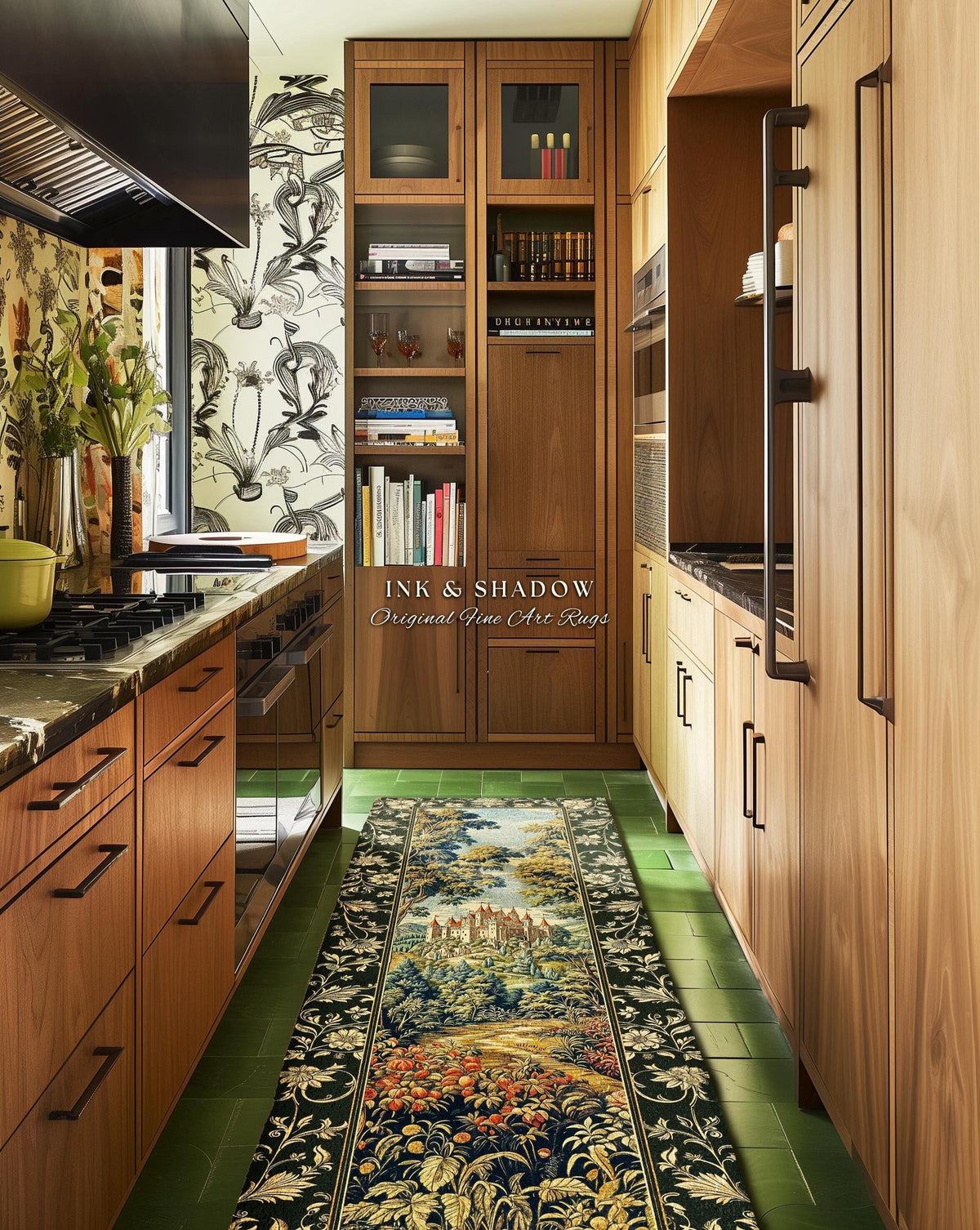 May include: A kitchen with wooden cabinets, a green tiled floor, and a long, rectangular rug. The rug features a detailed landscape scene with a castle, trees, and flowers. The text "INK & SHADOW Original Fine Art Rugs" is visible.