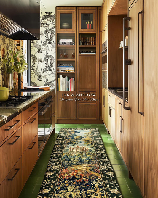 May include: A kitchen with wooden cabinets, a green tiled floor, and a long, rectangular rug. The rug features a detailed landscape scene with a castle, trees, and flowers. The text "INK & SHADOW Original Fine Art Rugs" is visible.