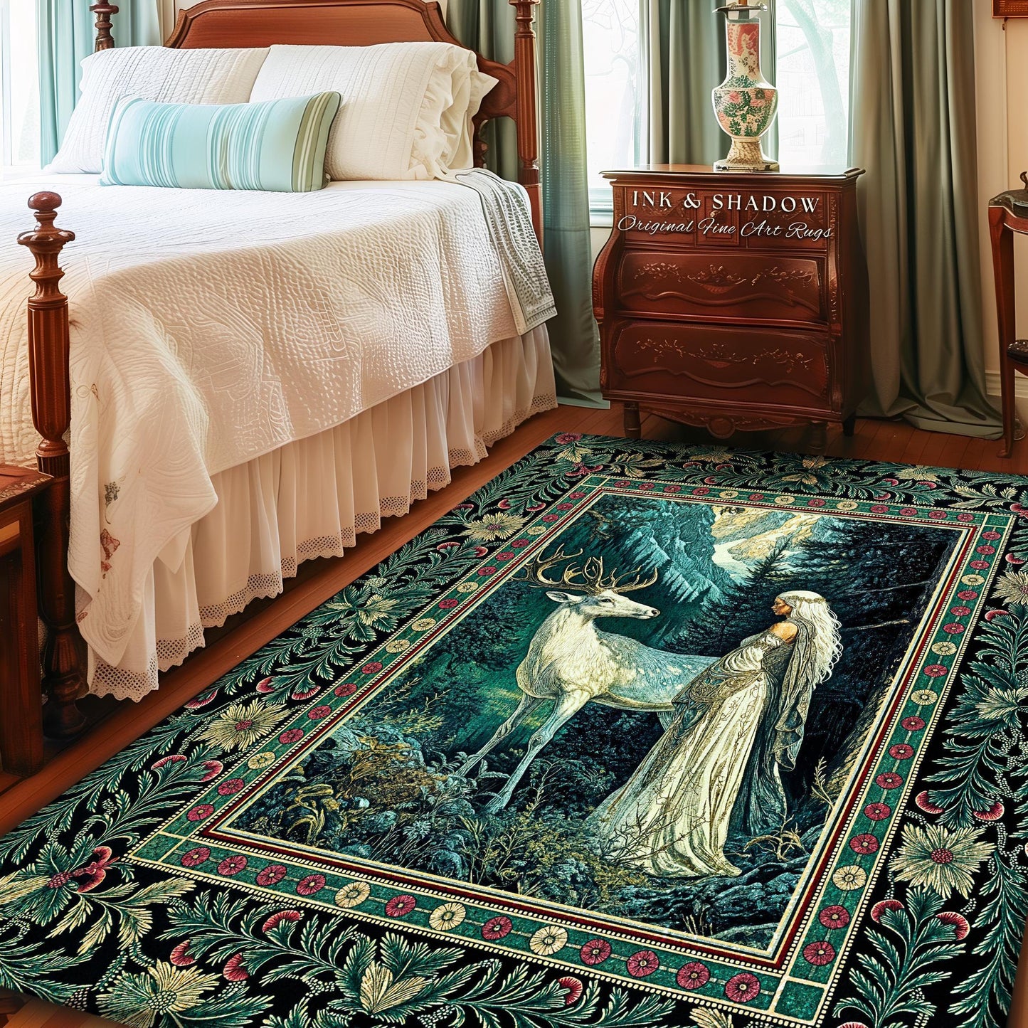 May include: A rectangular area rug with a forest scene featuring a white deer and a woman in a flowing gown. The rug has a black border with floral and geometric patterns, and the text "INK & SHADOW Original Fine Art Rugs".