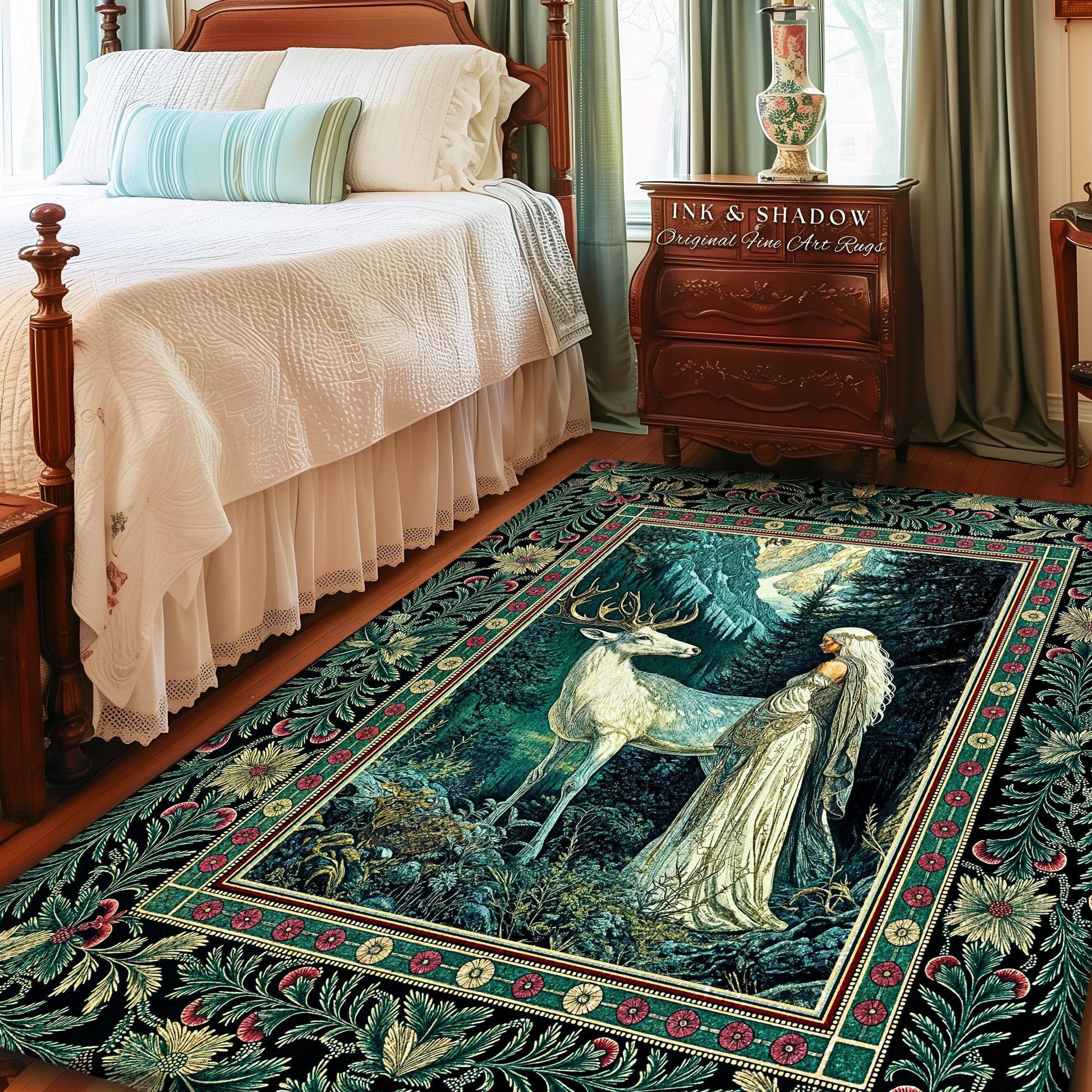 May include: A rectangular area rug with a forest scene featuring a white deer and a woman in a flowing gown. The rug has a black border with floral and geometric patterns, and the text "INK & SHADOW Original Fine Art Rugs".