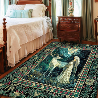 May include: A rectangular area rug with a forest scene featuring a white deer and a woman in a flowing gown. The rug has a black border with floral and geometric patterns, and the text "INK & SHADOW Original Fine Art Rugs".