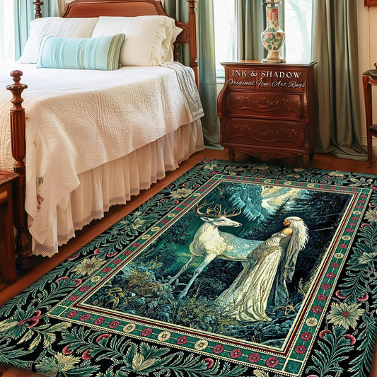 May include: A rectangular area rug with a forest scene featuring a white deer and a woman in a flowing gown. The rug has a black border with floral and geometric patterns, and the text "INK & SHADOW Original Fine Art Rugs".