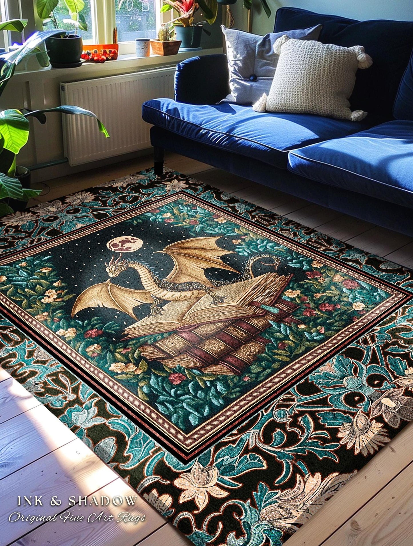 Fantasy Accent Rug Medieval Dragon | Medieval Library Aesthetic Gothic Cottagecore Decor for Book Nook Crowcore Fairytale Bedroom Area Rug |