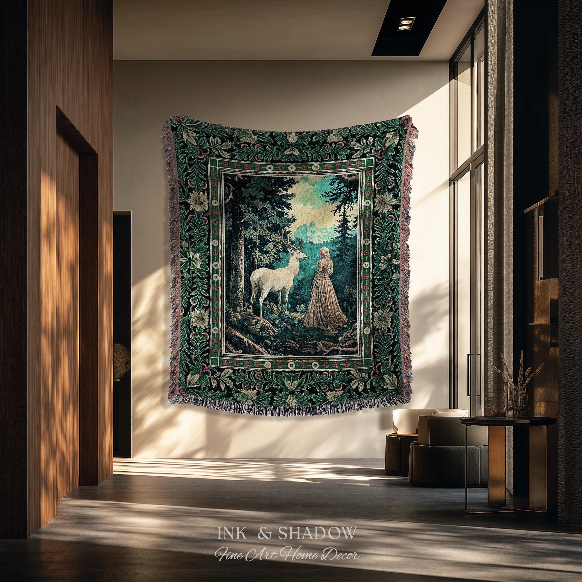 Faerie Realm Mystic Forest Tapestry | Enchanted Gothic Landscape Dark Academia Nature Spirits Woven Throw Blanket Renaissance Magical Art