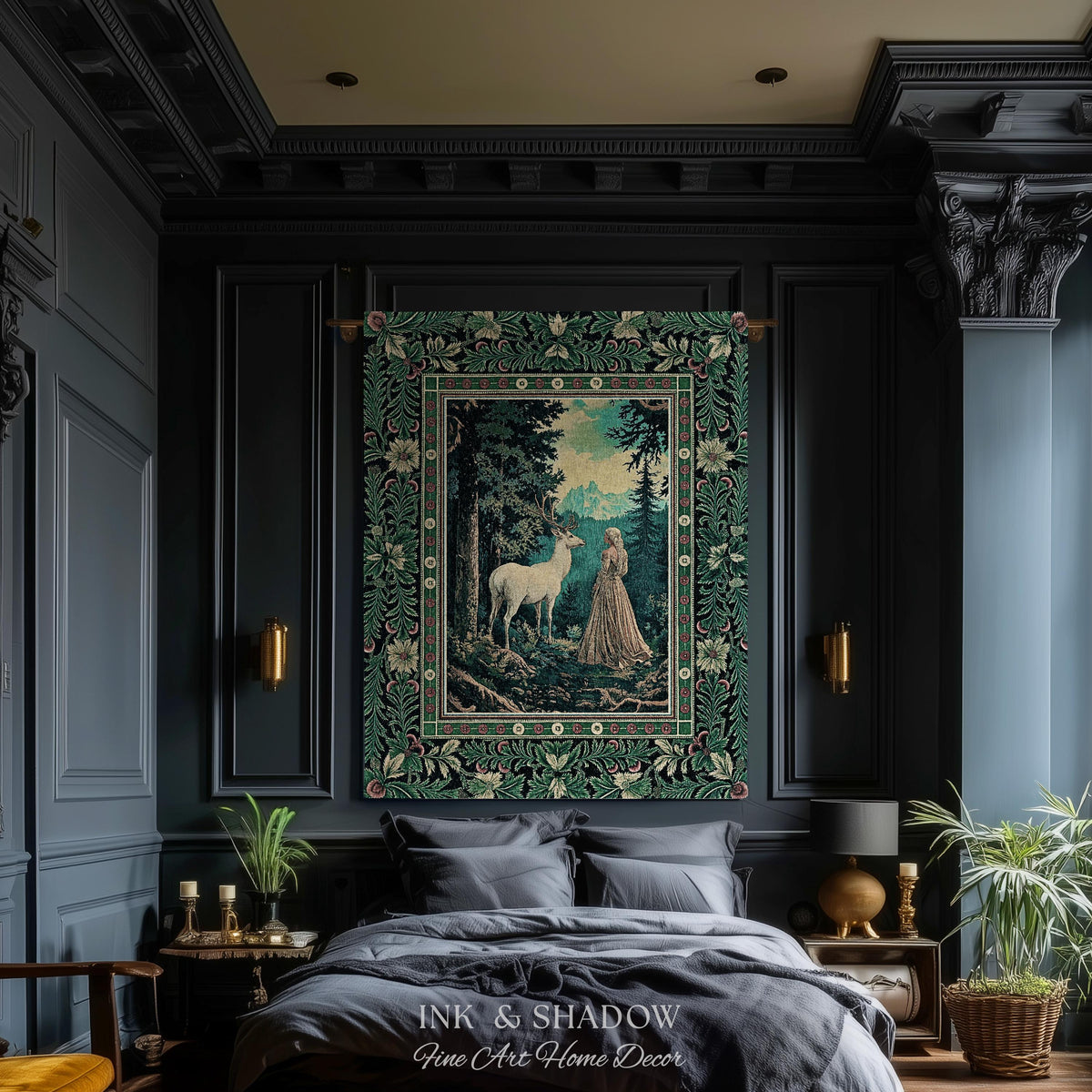 Faerie Realm Mystic Forest Tapestry | Enchanted Gothic Landscape Dark Academia Nature Spirits Woven Throw Blanket Renaissance Magical Art