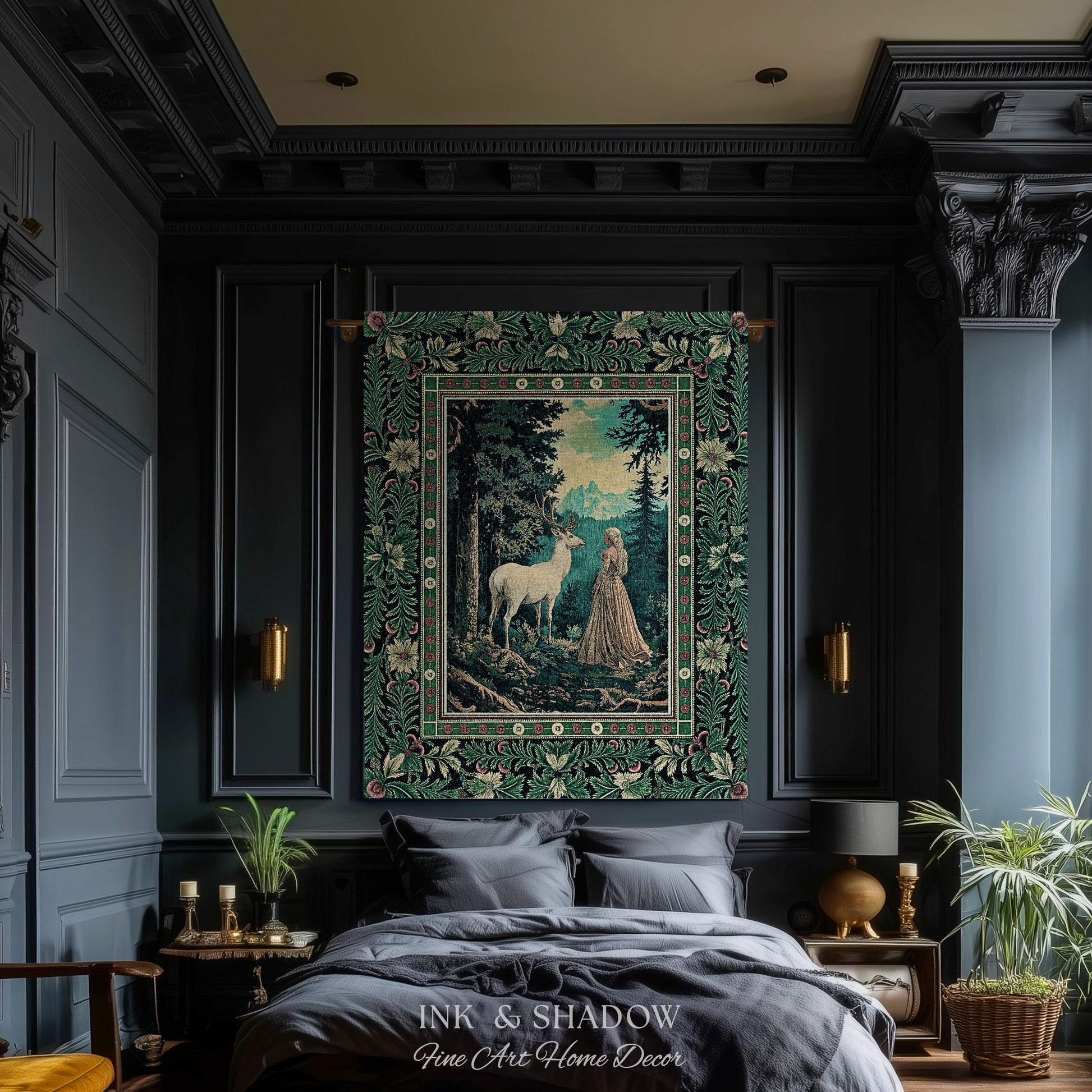 Faerie Realm Mystic Forest Tapestry | Enchanted Gothic Landscape Dark Academia Nature Spirits Woven Throw Blanket Renaissance Magical Art