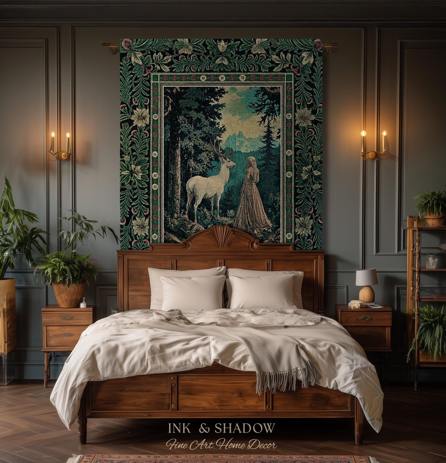 Faerie Realm Mystic Forest Tapestry | Enchanted Gothic Landscape Dark Academia Nature Spirits Woven Throw Blanket Renaissance Magical Art