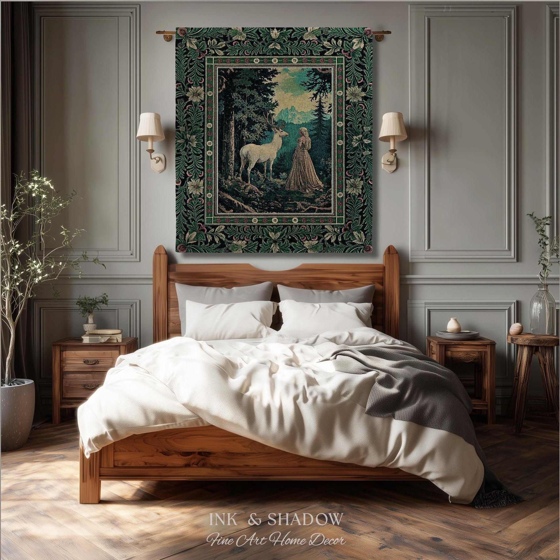 Faerie Realm Mystic Forest Tapestry | Enchanted Gothic Landscape Dark Academia Nature Spirits Woven Throw Blanket Renaissance Magical Art