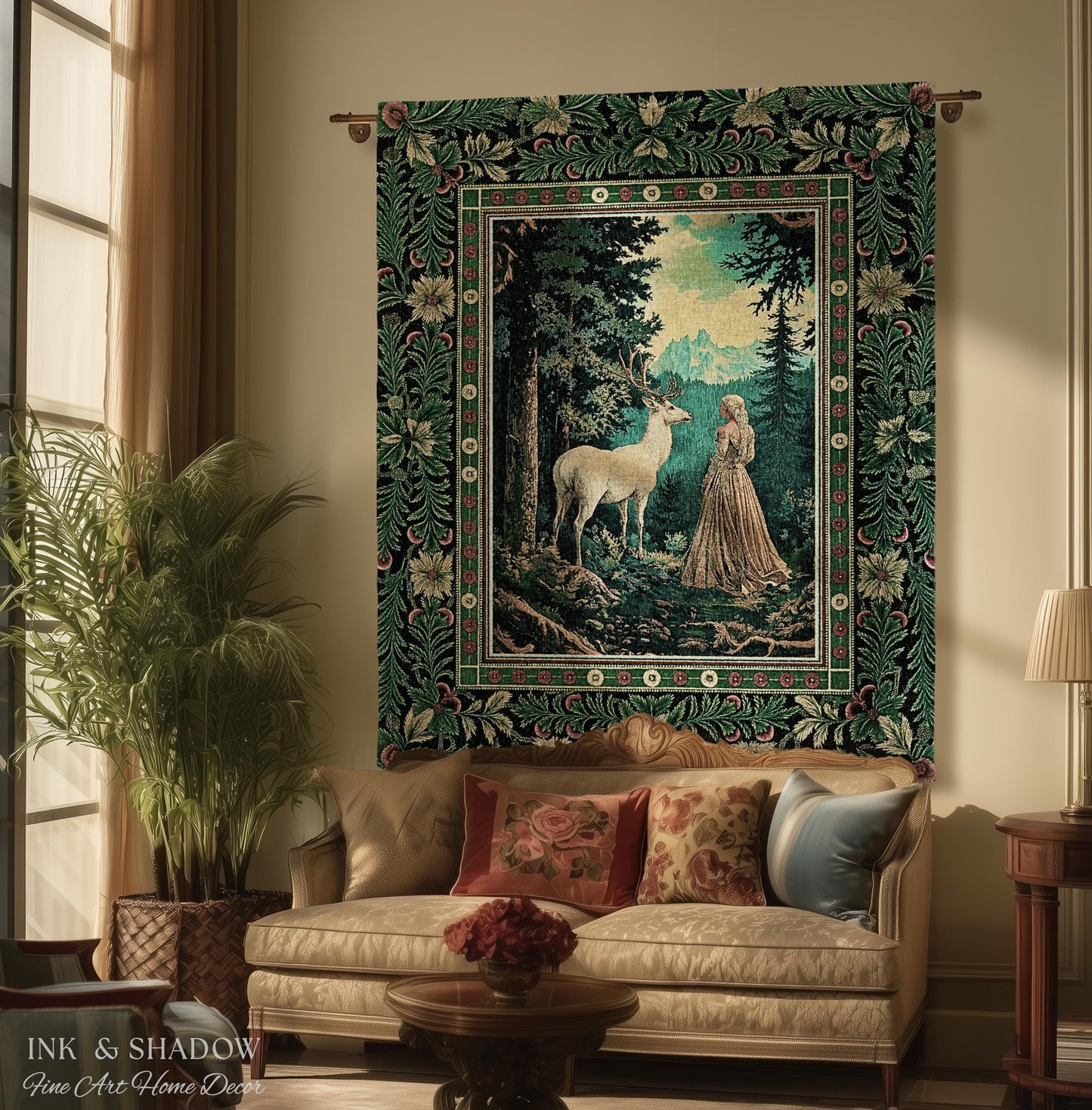 Faerie Realm Mystic Forest Tapestry | Enchanted Gothic Landscape Dark Academia Nature Spirits Woven Throw Blanket Renaissance Magical Art