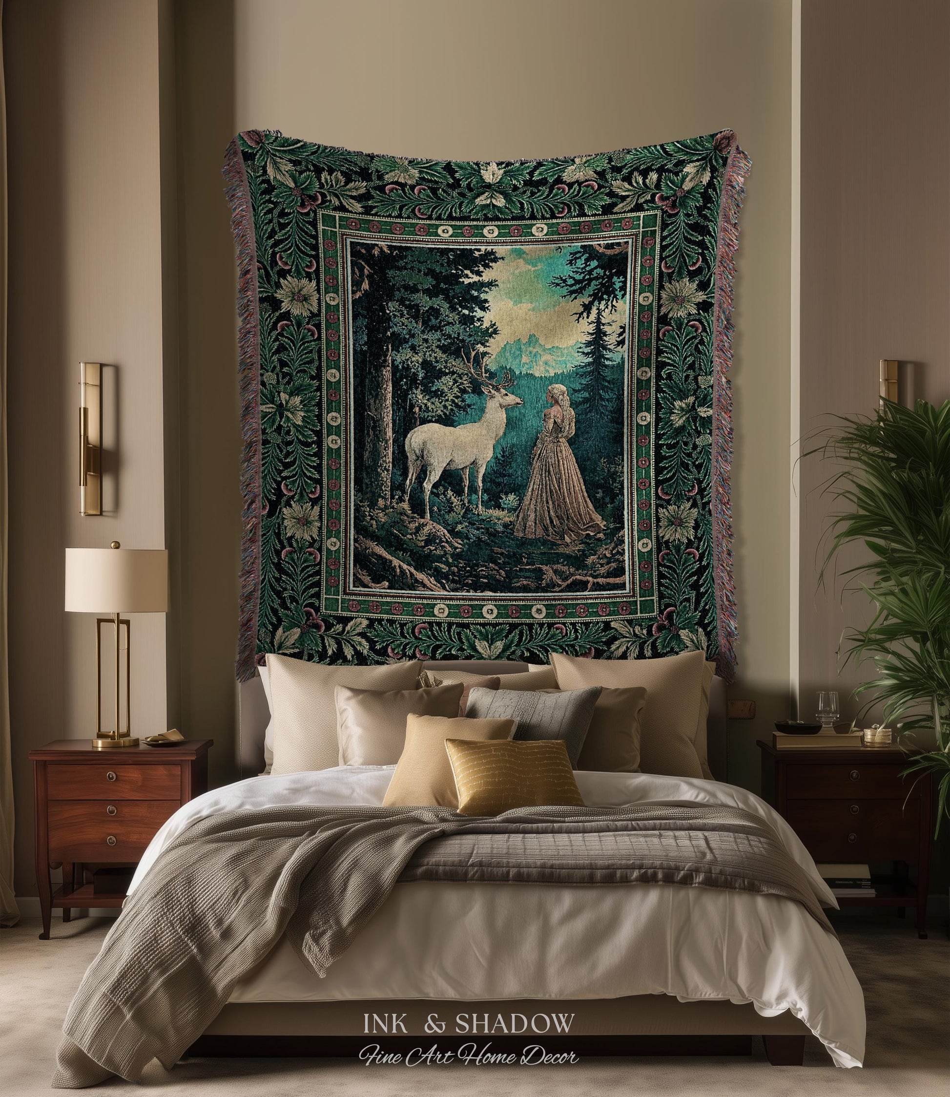 Faerie Realm Mystic Forest Tapestry | Enchanted Gothic Landscape Dark Academia Nature Spirits Woven Throw Blanket Renaissance Magical Art